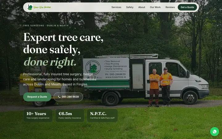 The Tower Tree Services home page, showing two of the crew beside their truck
